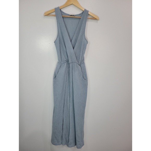 Everly Pants - EVERLY Blue‎ Crinkle Gauze V Neck Wide Leg Jumpsuit Women's Size S